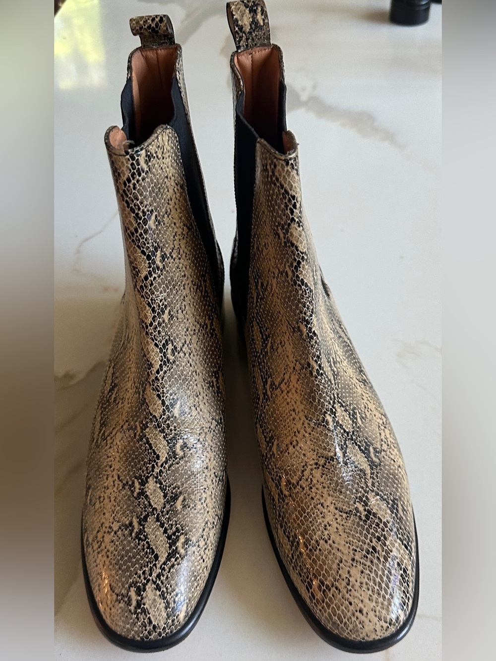 Rachel Comey Snake-Print Chelsea Boots in Beige and Black